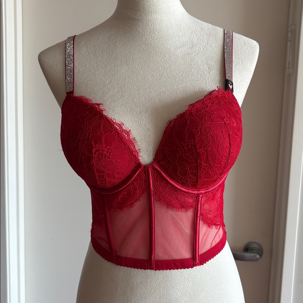 Victoria’s Secret NWT Very Sexy Red Lace Corset Push Up Bra 34D Shine Strap